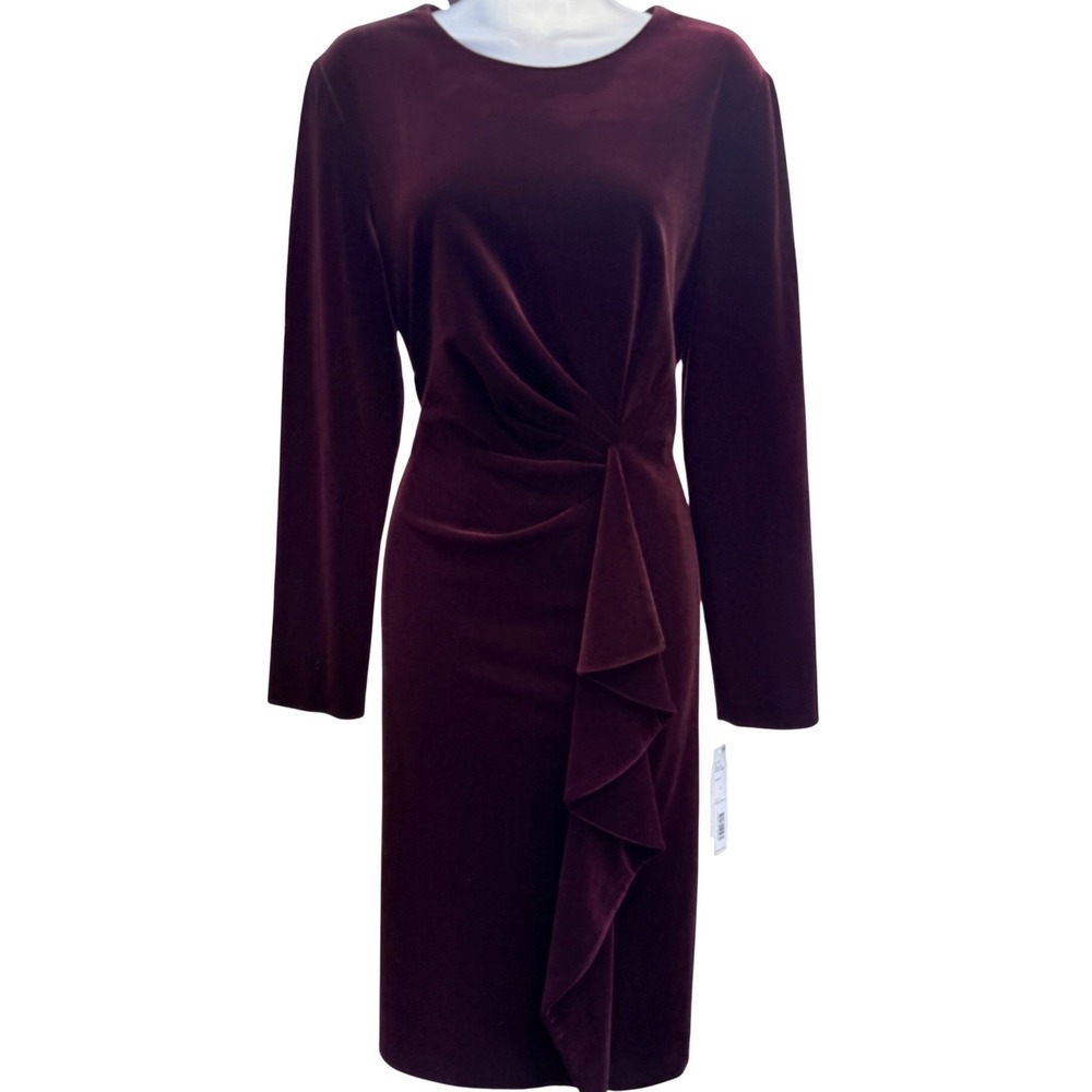 NWT Antonio Melani Tenley Cabernet Velvet Dress 10 Long Sleeve Ruffle Cocktail